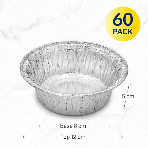 ebake Foil Pie Dishes - Aluminium Round Foil Dishes 12cm (60 Pack) - Individual Disposable Foil Baking Trays for Pukka Pie, Shepherds Pie, Steak Pie, Pot Pie, Quiche, Pastries and Cake