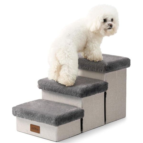 Dog Stairs with Storage, Foldable Pet Step with Soft Leakproof Cover,Lightweight