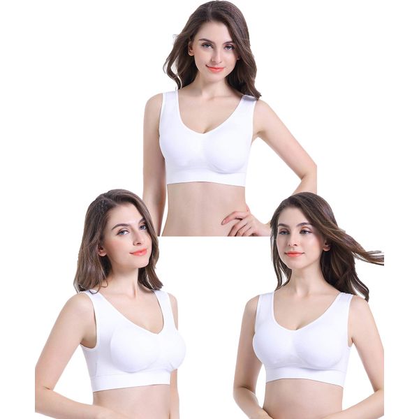 PRETTYWELL Sleep Bra for Women, Seamless Wireless Stretchy Sports Bra, Pack of 3 or 1, with Removable Pads, 3 Pack White XL