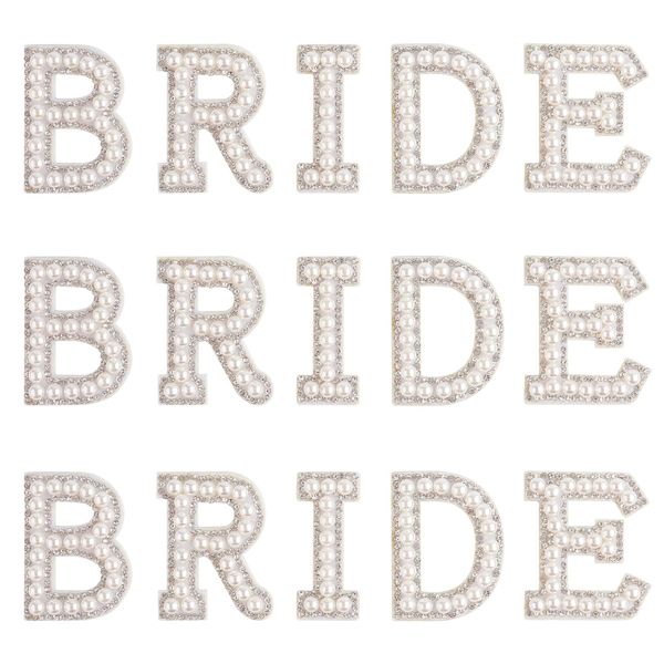 KINBOM 15pcs Rhinestone Iron on Patches,Glitter Bride Rhinestone Pearl Stick on Letters Patches Fabric Applique Letters for Clothing Hats Shoes DIY Craft Supplies