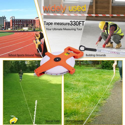 mycheng Open Reel Fiberglass Long 300 Ft Tape Measure Construction Track and Field 100 Meter Measuring Tape, Dual-Sided Measuring Reel with Feet and Meters