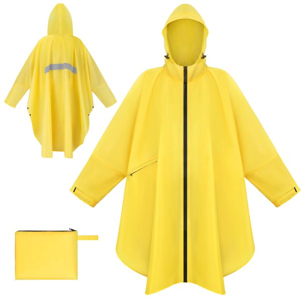 BTNEEU Regenponcho Damen Regencape Wasserdicht mit Reißverschluss Rain Poncho Festival Wiederverwendbar Regenmantel mit Kapuze und Ärmeln Regenjacke Fahrrad Lang für Wandern Camping Draussen (Gelb)