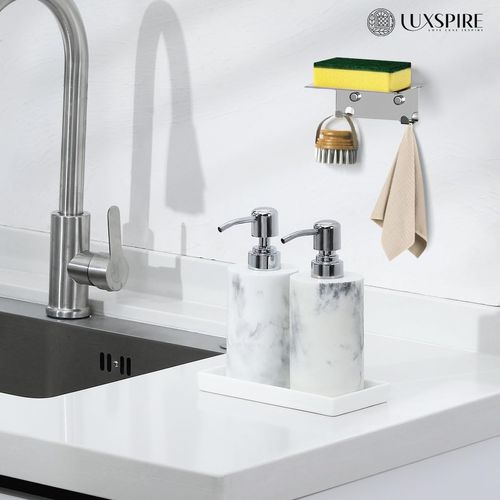 Luxspire Bathroom Vanity Tray, Mini Soap Dispenser Tray Small Ceramic Perfume Tray Jewelry Dish Trinket Tray Candle Holder Rectangle Tray Soap Dish for Bath Organizer Kitchen Sink Narrow Tray, White