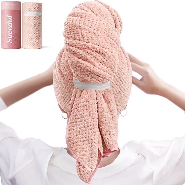 Sucedul Large Microfiber Hair Towel Wrap for Women, Super Absorbent Hair Drying Towel with Elastic Strap, Anti Frizz Fast Drying Hair Turbans for Long, Thick, Curly Hair, Soft Hair Wrap Towels Pink