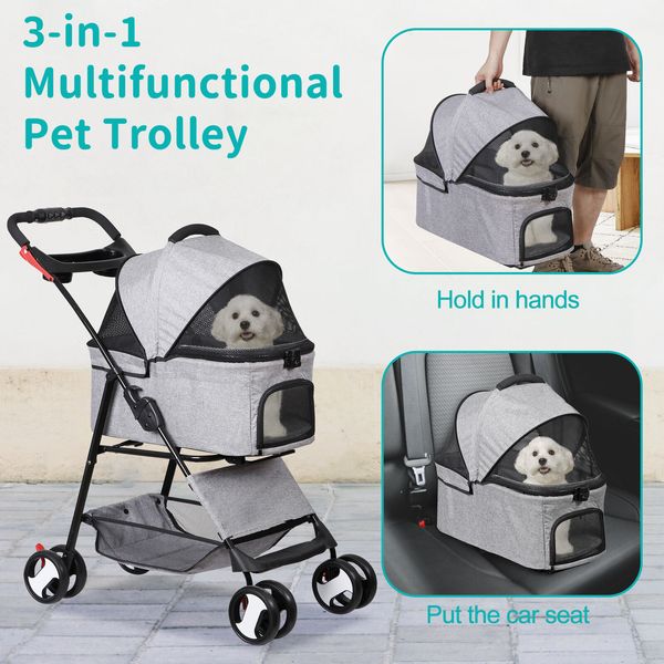 Foldable Pet Strollers for Small Medium Cats Dogs with Detachable Carrier 3-in-1