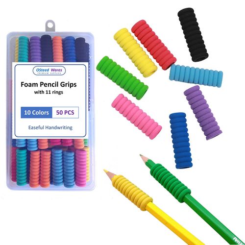 OSteed 50 Pcs Foam Pencil Grips of 11 Rings for Children Handwriting without Tears, Classroom Essentials, 10 Colors Pencil Holder for Kids and Adults Relieving Fatigue