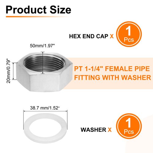 uxcell 1pcs Hex End Cap 304 Stainless Steel Nut with Washer, PT 1-1/4" Female Thread Pipe Fitting, Gas Line Water Line Stop Valve Cap Tubing Ends for Plumbing Fittings, Silver Tone