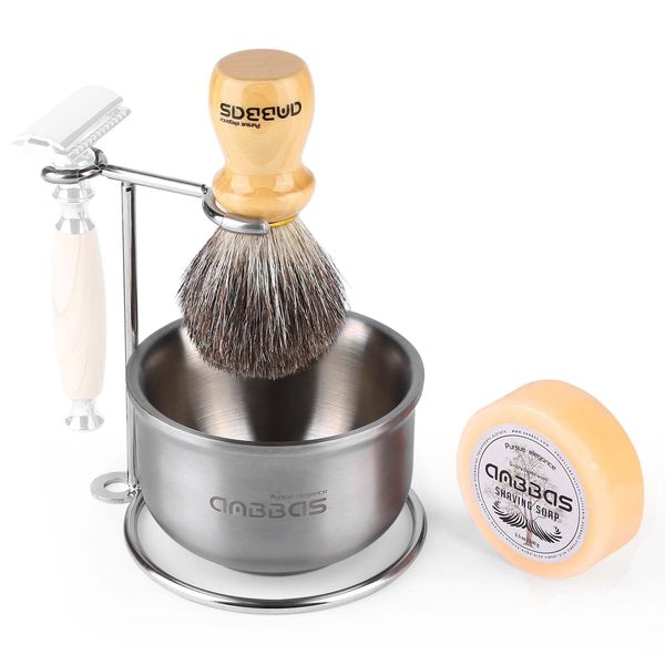 Anbbas Badger Hair Shaving Brush with Wood Handle,Stainless Steel Razor and Brush Stand, Shaving Bowl with Shaving Soap Bar 4in1 Set for Men Wet Shave