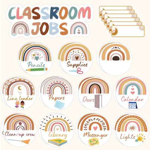Panelee 81 Pcs Class Jobs Boho Bulletin Board Decor Set Rainbow Bulletin Board Cutouts with 200 Pcs Glue Points Assorted Sizes Teacher's Helper Chalkboard Decor for Wall Decoration Teacher Birthday