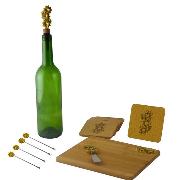 Flower Themed Bamboo Charcuterie Board Wine & Cheese 11pc Serving Set