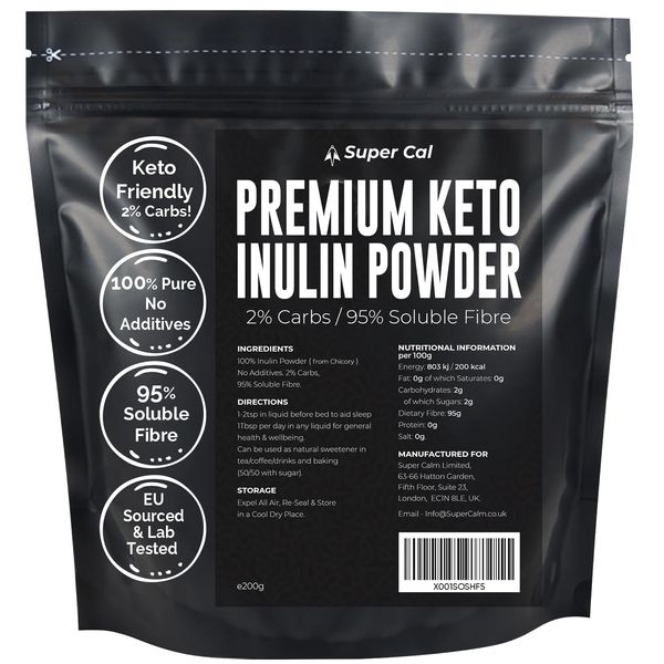 Super Cal Keto Inulin Powder 200g | 95% Fibre / 2% Carbs | Lab Tested Soluble Fibre Supplement | Great Sleep Supplement + Aids Gut Health | Pure Chicory Prebiotics Fiber Supplement - EU Sourced