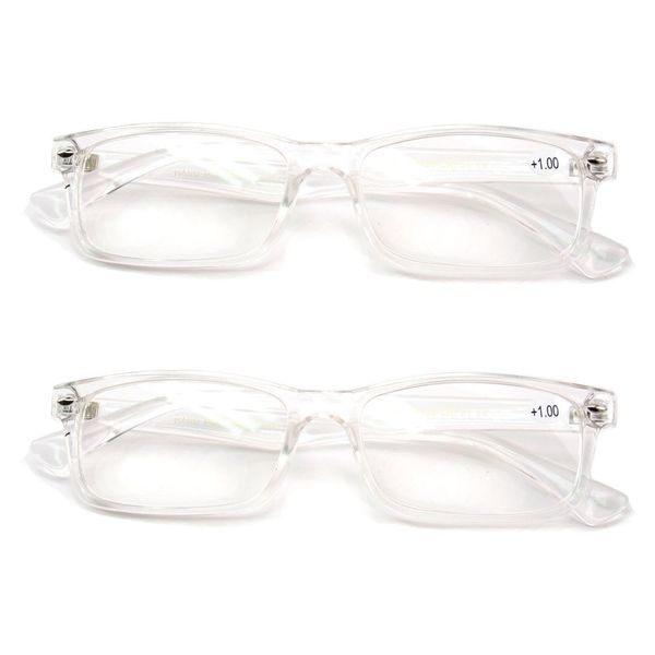 2 Pairs Casual Fashion Rectangular Reading Glasses - Stylish Simple Readers Magnification (Clear, 1.50)