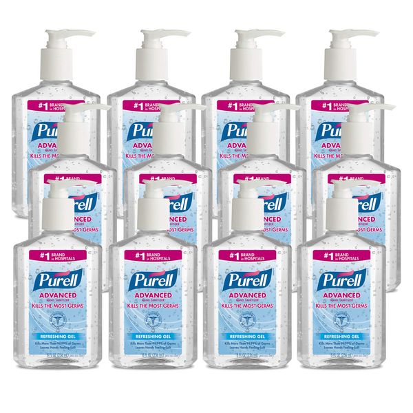 Purell Advanced Hand Sanitizer Refreshing Gel, Clean Scent, 8 fl oz Pump Bottle (Pack of 12) - 9652-12