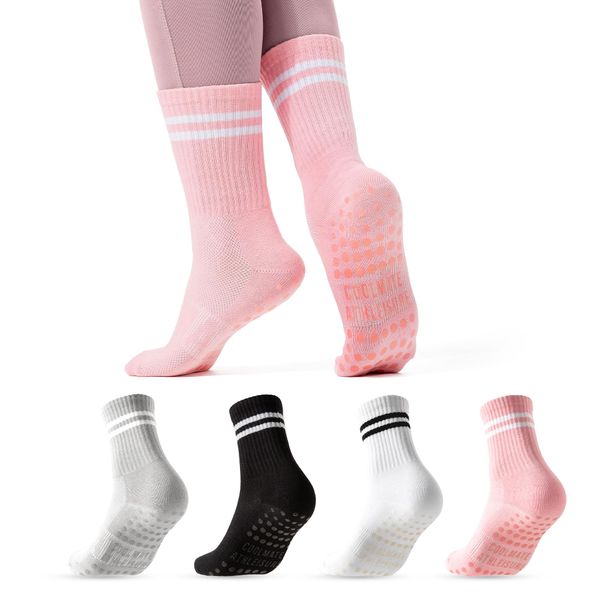 COOLMATE Pilates Socks with Grips for Women, Yoga Socks, Crew Non Slip Socks Women for Workout, Barre, Pilates Gifts(4 Pairs) (US, Numeric, 6, 10, Regular, Regular, Pink/White/Light Grey/Black)
