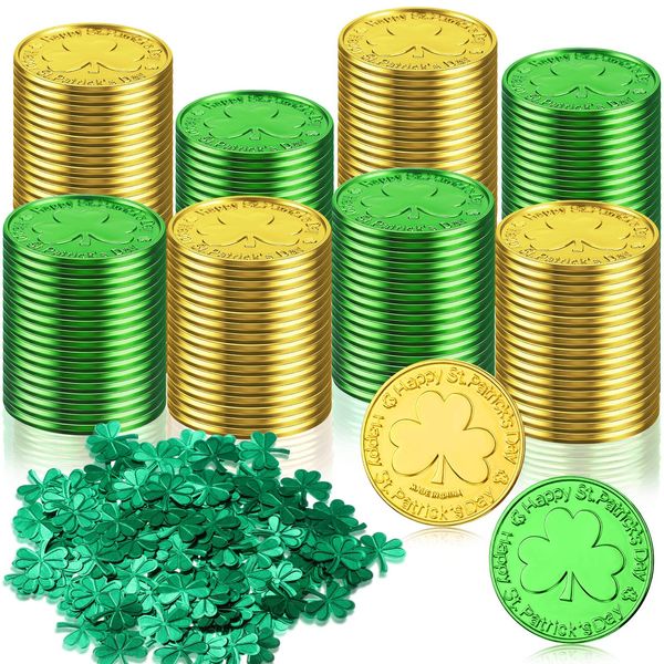 500 Pcs St. Patrick's Day Shamrock Coins 60g Shamrock Table Confetti Decorations Gold Green Lucky Plastic Coins Clover Sprinkles St.patricks Day Decor Party Favors