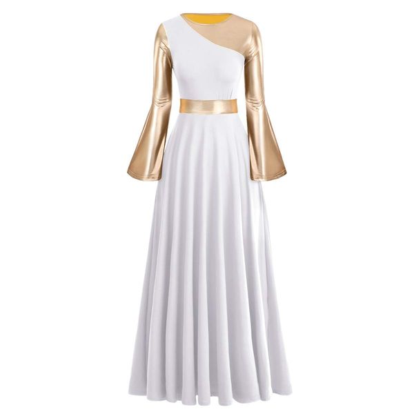 IBAKOM Women Adult Metallic Gold Color Block Long Sleeve Praise Dance Worship Robe Dress Loose Fit Full Length Liturgical Tunic Circle Skirt Lyrical Dancewear Swing Gowns Ballet Costume White-Gold S