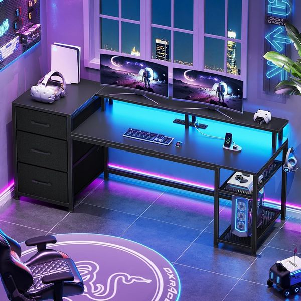 59" Office Desk with 3 Drawers, Reversible Computer Desk with LED Lights (Black)