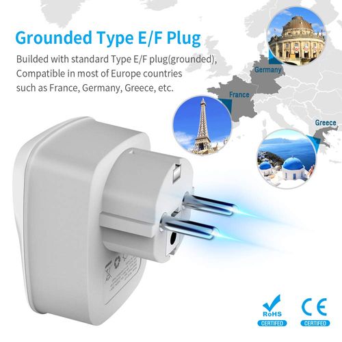 UK to European Travel Adapter 2 Pack, Schuko Grounded Euro EU Plug Adapter with 2 USB Ports for Most of Europe Spain Germany France Iceland Poland Russia and More (Type E F)