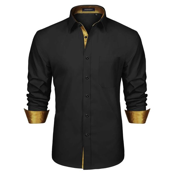 HISDERN Black Gold Long Sleeve Shirt for Men Fashion Classic Collar Button Down Casual Formal Party Prom Concert Shirts Noir-2 S