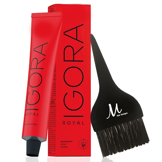 Schwarzkopf Igora Royal 4-88 Medium Brown Red Extra Permanent Hair Color and M Hair Designs Tint Brush (Bundle 2 items)