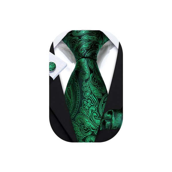 Barry.Wang Men Ties Paisley Woven Silk Necktie Set with Pocket Suqare Cufflinks Formal (Emerald Green Paisley)