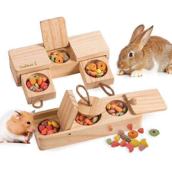 SoulThink® Interactive Wooden Pet Rabbit Toys - Sniff n' Snack Rabbit Chew Toys for Rabbit Treats, Suited as Guinea Pig Toys, Rabbit Toys for Boredom, Bunny Toys for Rabbits Keep Busy (2 Sets)