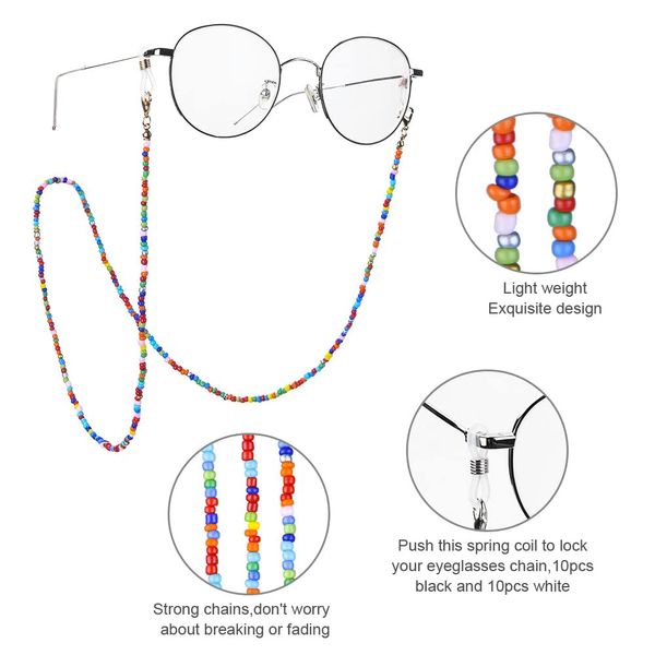 URAQT Eyeglasses Chain, 5 Pack Glasses Chain Non-Slip Spectacle Chain with 10 Pair Ear Hooks, Colorful Beaded Sunglasses Chain Lanyard Eyewear Retainer, Eyeglass Strap Holder for Women Reading Sports