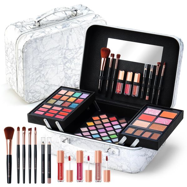 Makeup Kit for Women,All in One Makeup Gift Set for Girls in Cosmetic Train Case (White) With Mirror,Full Cosmetic Kit Includes Eyeshadow Palette,Lipgloss,Blushes,Pencil,Brush Applicators