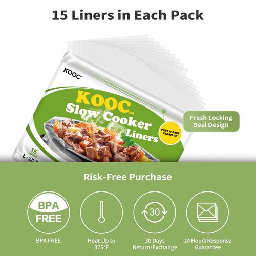 KOOC Slow Cooker Liners 13x21 inch 15 Count Large Size Disposable Pot Liners Cooking Bags Fit 3QT to 8.5QT Pot BPA Free Fresh Locking Seal Design