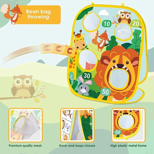 LATERN 3 In 1 Bean Bag Toss Game Toy, Lion Forest Theme Foldable Corn Hole Game, Safety Dart Game and Tic Tac Toe Game for Boys Girls Indoor Outdoor Garden Party