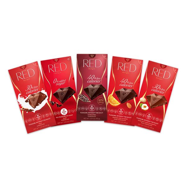 RED Delight Chocolate Bar Variety Pack, Made with No Added Sugar, Fewer Calories and Less Fat, 3.5 Ounce Bar, Pack of 5