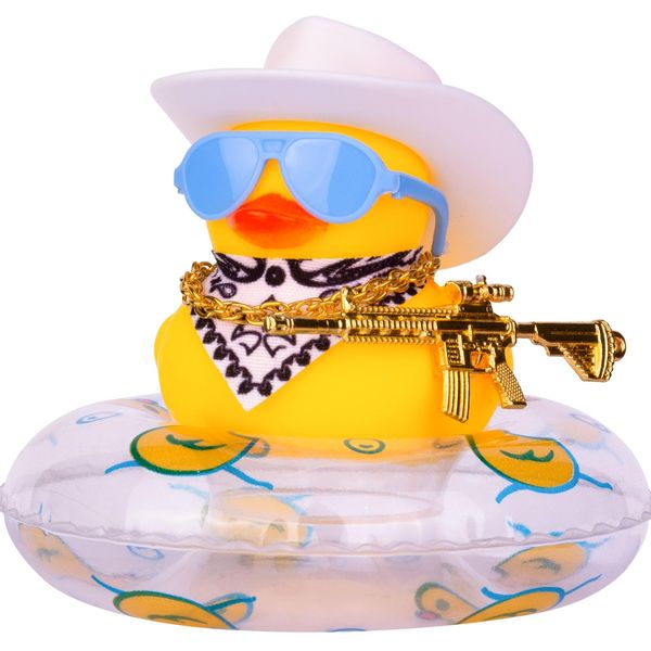 MuMyer Cowboy Duck Car Dashboard Decoration Swim Ring Car Rubber Duck Decoration Accessories with Mini Swim Ring Cowboy Hat Scarf Necklace and Sunglasses(D2-2 Bs-B_W&White)