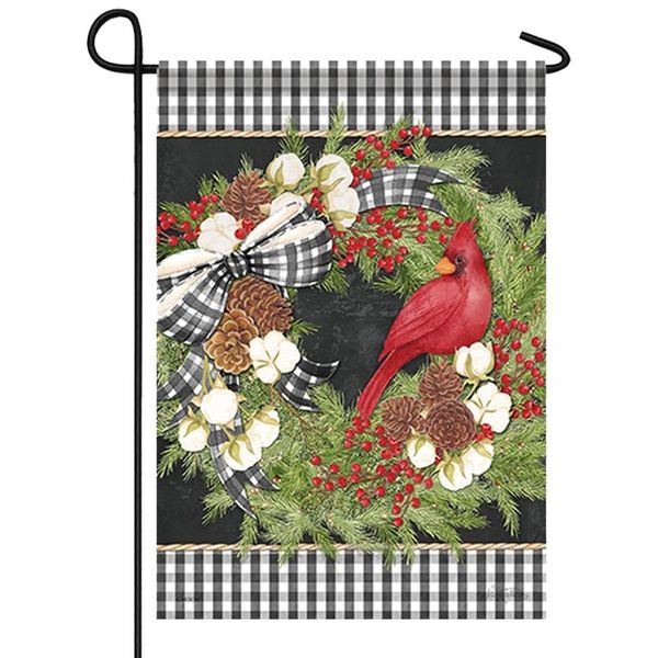 Gingham Plaid and Pine Wreath Garden Flag