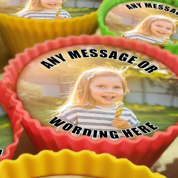 Your Own Image - Black Text - 20 x 5cm Personalised Edible Cupcake Toppers on Premium Icing