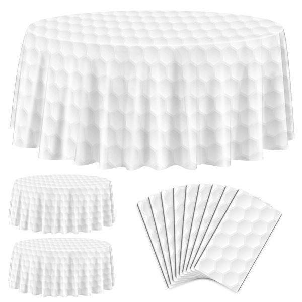 PTECDROTS 9Pcs Golf Tablecloths - Round Golf Party Table Covers White Golf Pattern Table Cloth for Kids Sports Golf Birthday Party Supplies,84inch