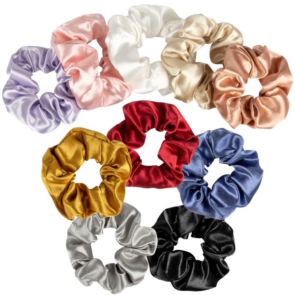 10PCS Silk Scrunchies Bulk - No Damage Large Scrunchies for Women Bright&Neutral Colors Satin Scrunchies Soft Hair Scrunchies for Women Men Girls Teens Ponytail Holders for Thick Hair Silky Hair Ties