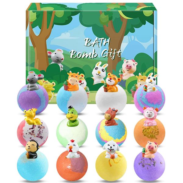 Bubble Bath Balls for Kids, 12Pcs Bath Bombs with Animal Surprise, Organic Natural Bath Ball Bathbombs Spa Bath, Bath Bombs Gift Set Handmade Spa Fizzies Bath Bomb for Christmas Birthday Girls Boys