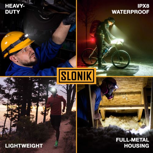 SLONIK Rechargeable Headlamp for Adults - 1000 Lumens Super Bright 60 ft Beam LED Flashlight - Lightweight, Heavy-Duty, IPX8 Waterproof Hard Hat Light - Camping Gear, Running Headlight, Black