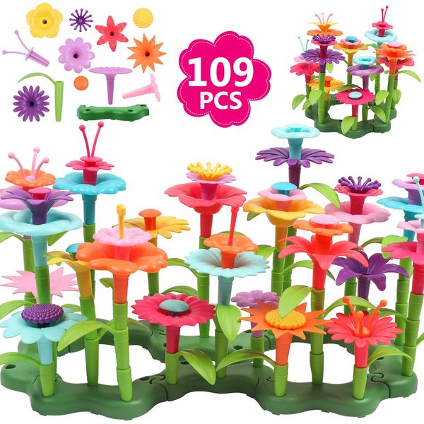 DigHealth Flower Garden Building Toys for Girls, 109 PCS Pretend Garden Toy Playset Gift, DIY Bouquet Stacking Activity, Educational Game for Kids Age 3, 4, 5, 6 Year Old