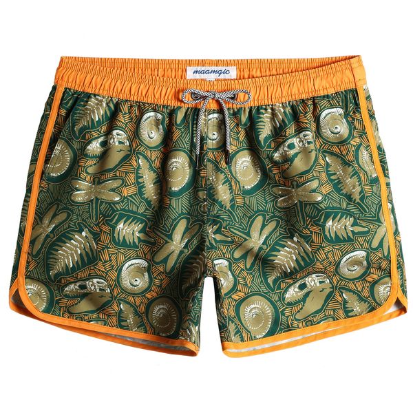 MaaMgic Herren Badeshorts Vintage Retro Boardshorts Schnelltrocknend mit Mesh-Futter und Verstellbarem Tunnelzug MEHRWEG, Fossil Gelb Grün, L