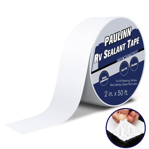 PAULINN RV Camper Roofing Repair Sealant Tape, 2 Inch X 50 Foot Natural White Trailer Roof Rubber Sealing Tape, UV & Weatherproof Roof Seal Tape for RV Camper Trailer Boat Sealing Leak Repair