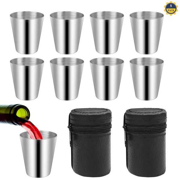 LuluDa 8 PCS Stainless Steel Shot Cups 30ml Metal Shot Glasses Portable Schnapps Cup Mini Camping Wine Drinking Glasses Mug with 2 PCS Black Leather Case for Hiking Picnic Camping Travel