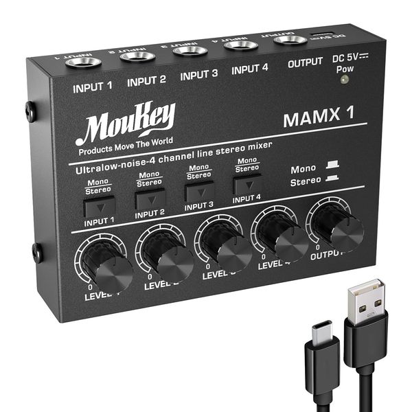 Moukey MAMX1 4 Kanal DJ Mixer Mischpult, Musik Mixer tragbar, Mini Karaoke Mixer, 4 Stereo Mini Audio Mixer für kleine Clubs Bars Gitarre Bass Keyboard und Bühnenmixer, Ultra niedrig Noise