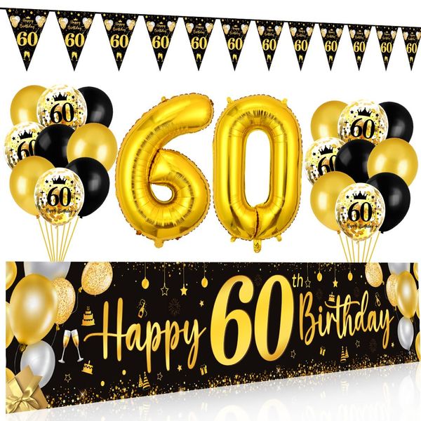 60 Geburtstag Deko Mann Frau, 60 Happy Birthday Banner Schwarz Gold, Luftballons 60 Geburtstag Wimpel Girlande, Deko 60. Geburtstag Hintergrund Ballons Schwarz Gold für Männer Frauen Party Deko