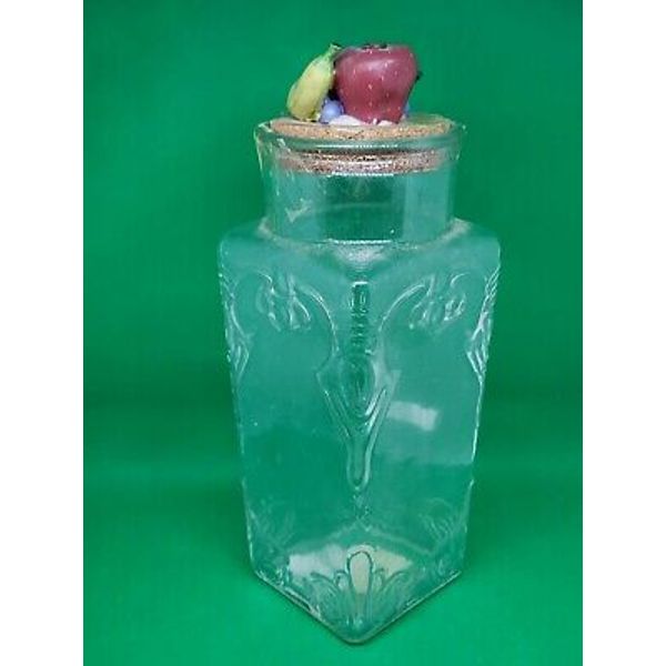 Canister Glass Embossed Design Heart & Flowers with fruit top 11" Tall Square