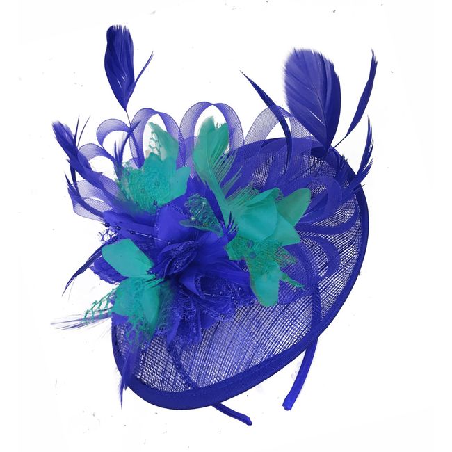 Caprilite Royal Blue and Teal Turquoise Sinamay Disc Saucer Fascinator Hat for Women Weddings Headband