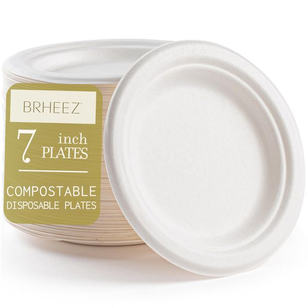 brheez 7 in. Disposable Plates Paper Plates Alternative Compostable Plates Heavy Duty [Pack of 110] Eco-Friendly 100% Natural Sugarcane Bagasse Fiber Biodegradable