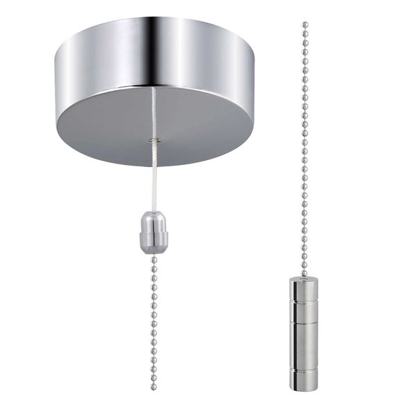 ElekTek Premium Bathroom Ceiling Light Pull Cord Switch and Chain Kit with Chain Extension Bundle - Chrome Round Cylinder