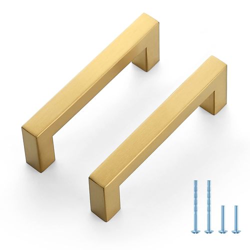 5 Pack Brushed Brass Cabinet Pulls, 3.75 Inch (96 mm) Hole Center Cabinet Handles, Square Kitchen Hardware for Doors, Drawers & Cupboards, Gold Stainless Steel, 4.25 Inch Overall Length