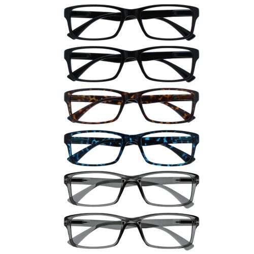 OPULIZE Pep Reading Glasses 6 Pack Classic Everyday Rectangular Frame Scratch Resistant Spring Hinges Black Brown Blue Grey Mens Womens RRRRRR92-112377 +1.00